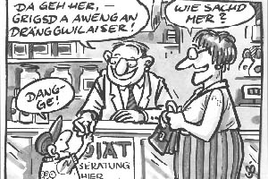 Karikatur von Mutter mit Kind in der Apotheke, © Gerd Bauer